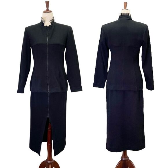 Vintage Dorothy Schoelen Black Ribbed Knit Sweater Skirt & Jacket Set Size 10 - Picture 16 of 16